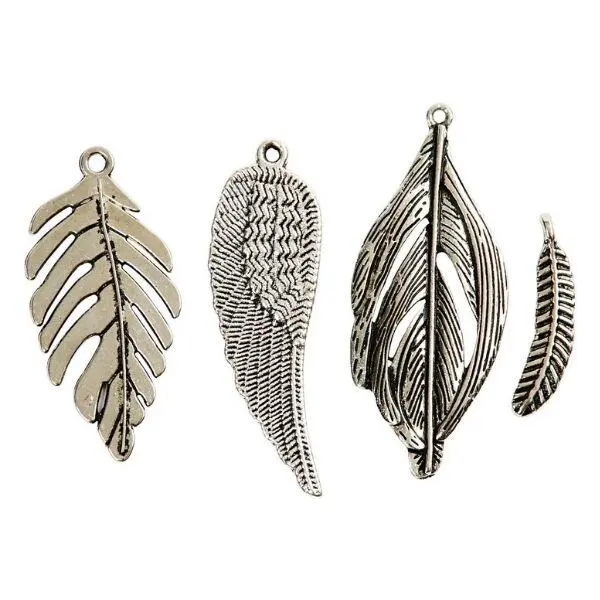Feather Charm Silver, 4 pcs