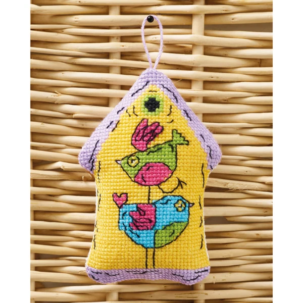 Żółty domek dla ptaków 2 ptaki 7x9cm