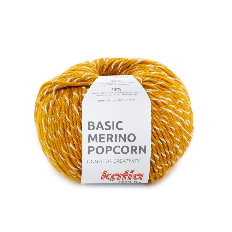 Katia Basic Merino Popcorn 107 Musztardowy-biały