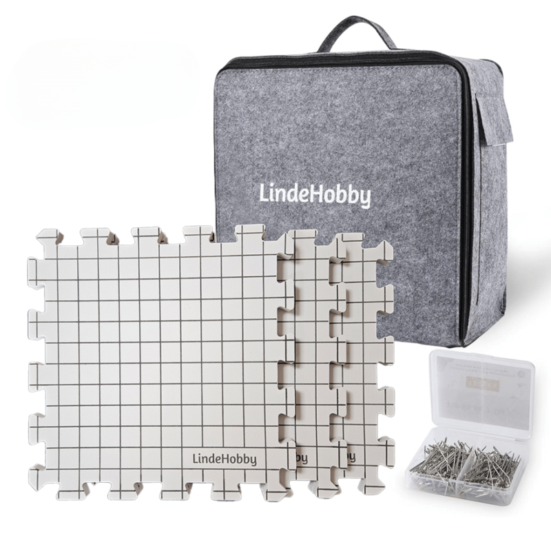LindeHobby Maty do Blocking w Filcowej Torbie z 100 Szpilkami w Kształcie T, Białe