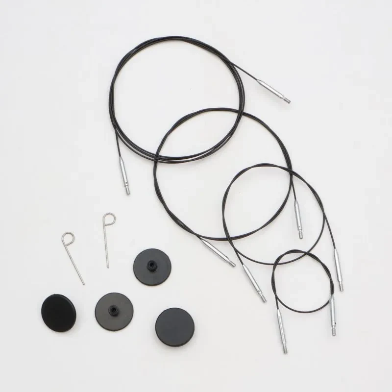 KnitPro Thin & Flex Kabel, Czarny Srebrny Swivel, 40–150 cm