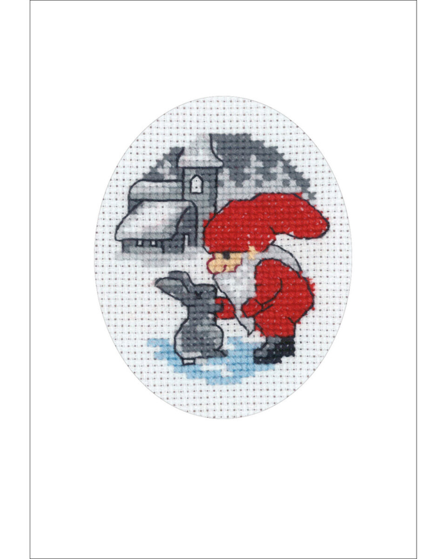 Zestaw do haftu Kartka świąteczna z królikiem i skrzatem 9 x 13 cm