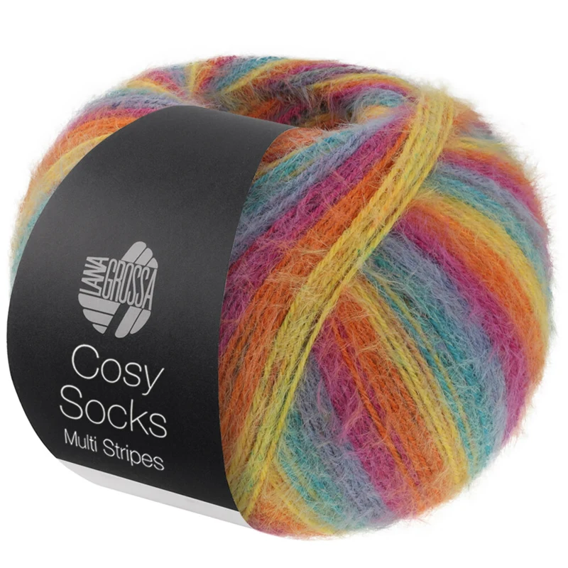 Lana Grossa Cosy Socks Multi Stripes 151 Petrol/dymny niebieski/fuksja/pomarańczowy/żółty