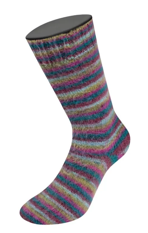 Lana Grossa Cosy Socks Multi Stripes 158 Petrol/ciemna fuksja/oliwkowy/miętowy turkus/ciemnoczerwony