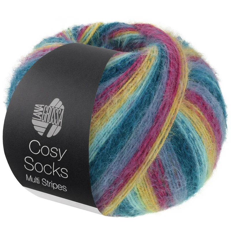 Lana Grossa Cosy Socks Multi Stripes 155 Ciemny petrol/jasny turkusowy/żółty/orchidea/szarofioletowy