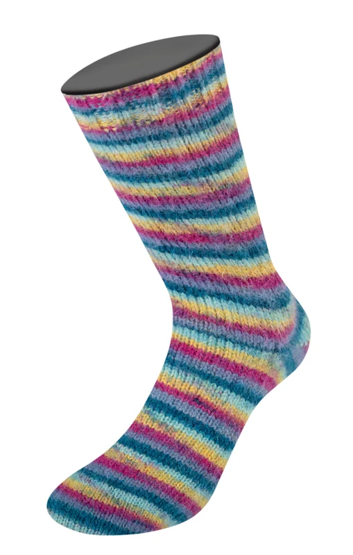 Lana Grossa Cosy Socks Multi Stripes 155 Ciemny petrol/jasny turkusowy/żółty/orchidea/szarofioletowy