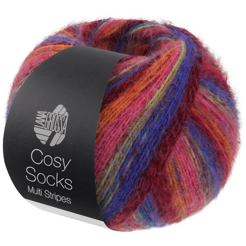 Lana Grossa Cosy Socks Multi Stripes 156 Niebieskofioletowy/winny czerwony/dyniowy/różowy/szarozielony