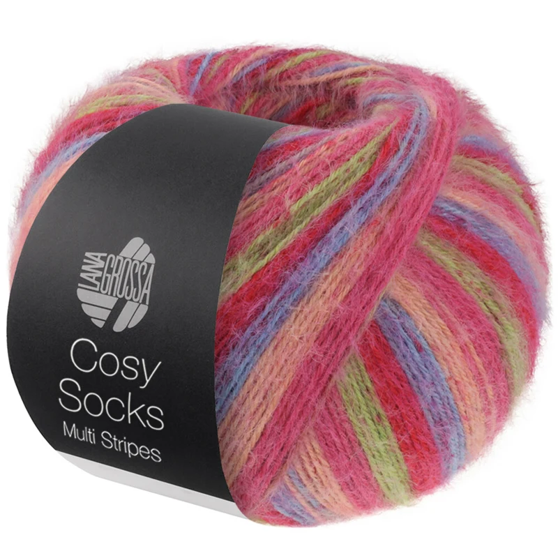 Lana Grossa Cosy Socks Multi Stripes 152 Tulipanowy czerwony/fioletowoniebieski/łososiowy róż/różowy/jasnozielony