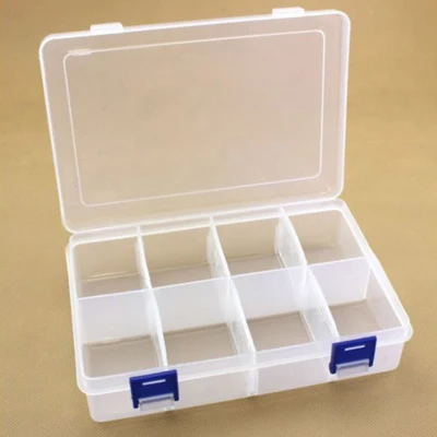 Pudełko plastikowe z pokrywką, przezroczyste, 20x13,5 cm, 8 przegródek