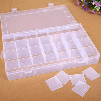 Plastikowe pudełko z pokrywką, przezroczyste, 34,5x22 cm, 28 przegródek