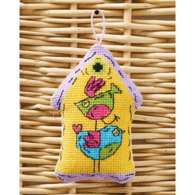 Żółty domek dla ptaków 2 ptaki 7x9cm