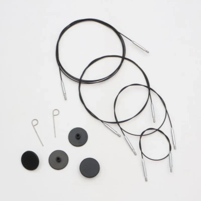 KnitPro Thin & Flex Kabel, Czarny Srebrny Swivel, 40–150 cm